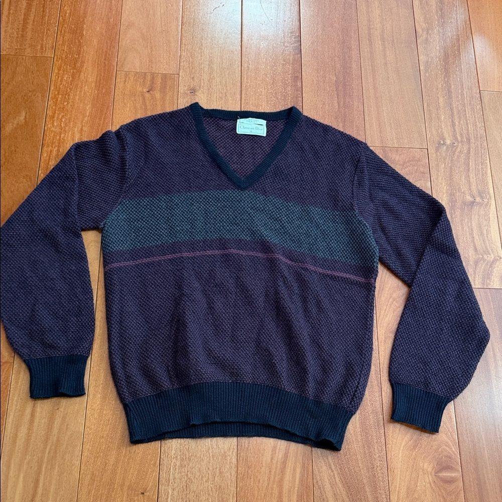 Christian Dior V-Neck‎ Sweater Mens Burgundy Navy Textured Knit Vintage M